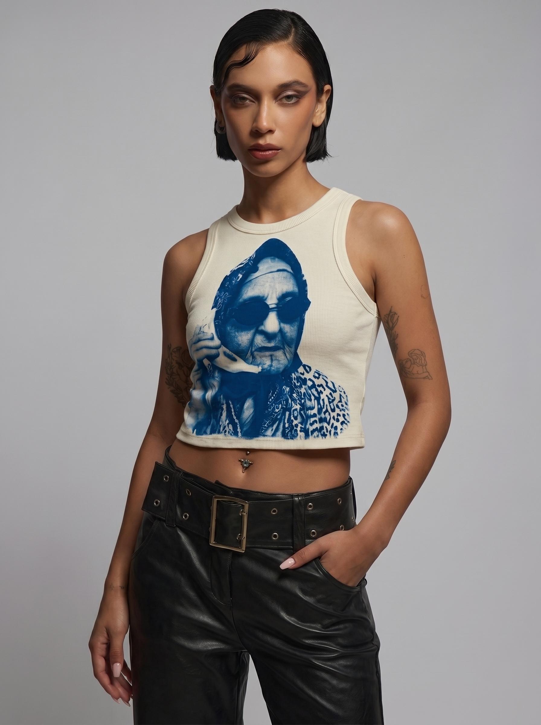 Model wearing crop top, full body shot