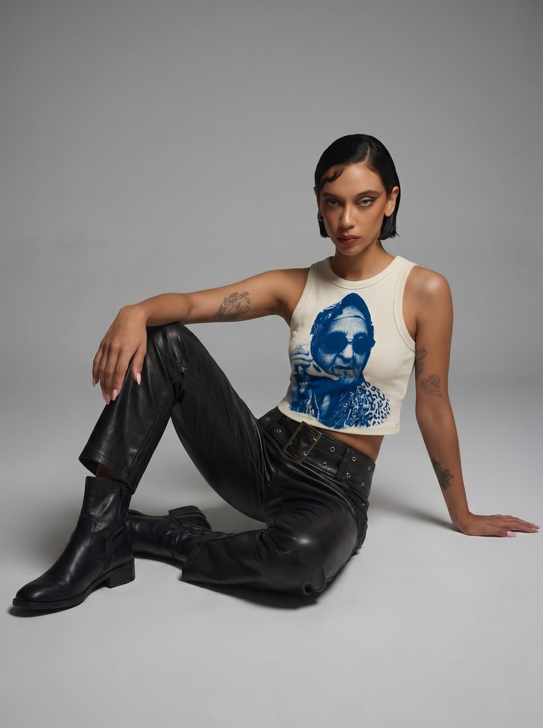 Model wearing crop top, editorial studio shot